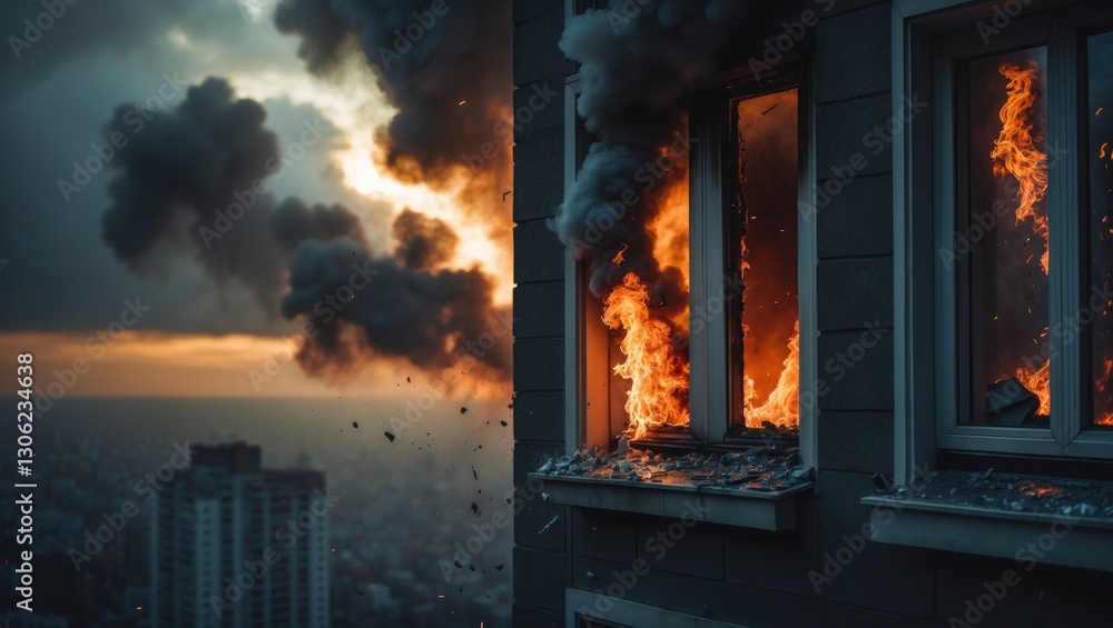 Obraz premium Flames and smoke erupt from a high-rise apartment building.