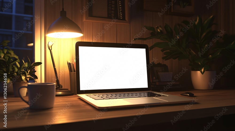 Fototapeta premium Cozy Workspace with Laptop and Plants in Soft Evening Light