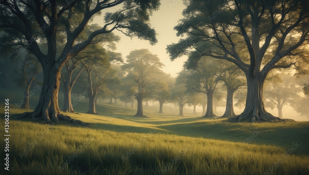 Obraz premium Meadow with diverse trees visible in the background