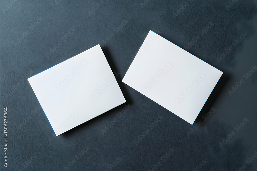 Two blank white cards elegantly placed on a textured dark surface Two blank white cards elegantly placed on a textured dark surface