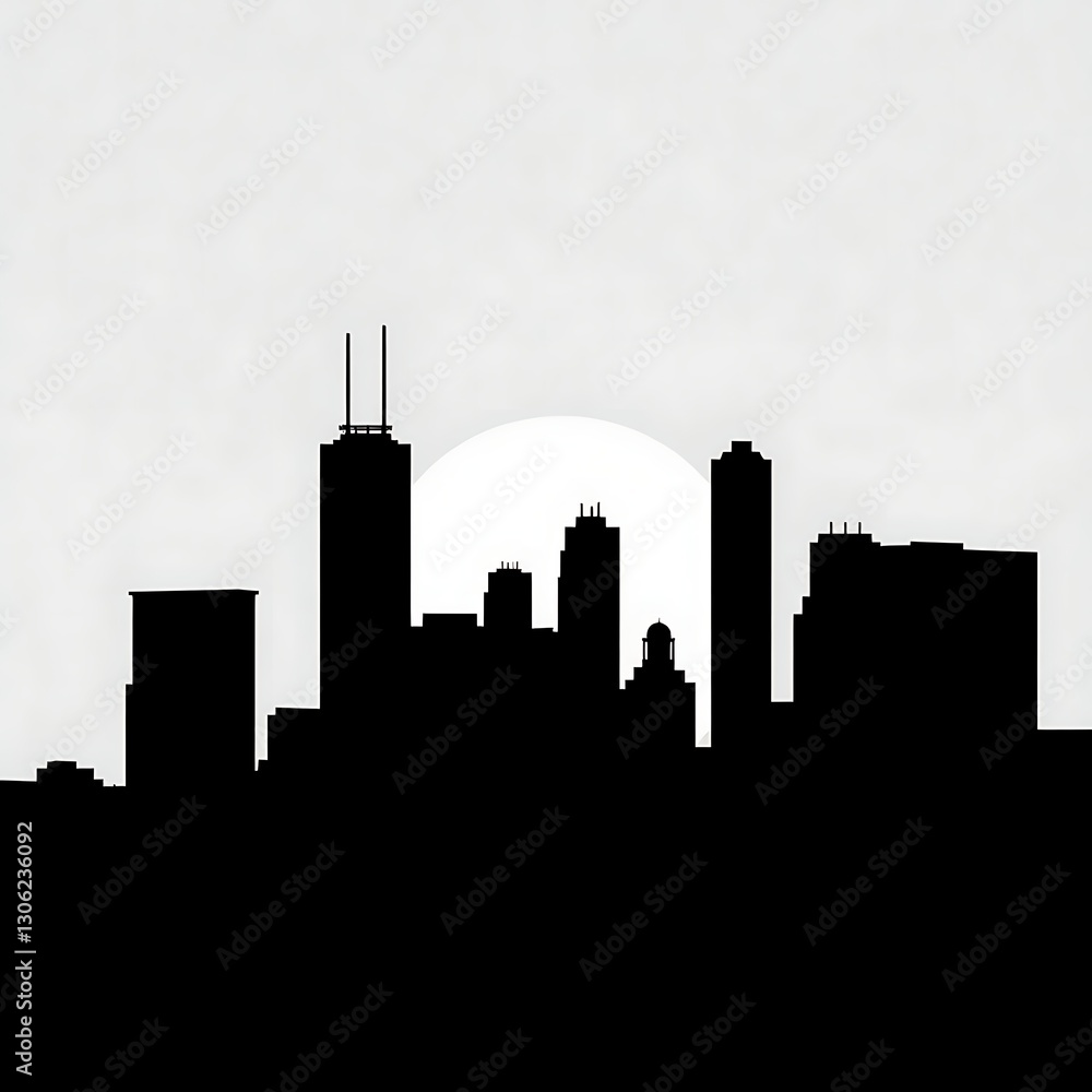 Geometric Black City Skyline Silhouette at Dawn - Vector Art