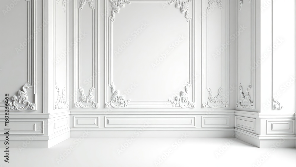 Stylish white wall design featuring decorative moldings. A realistic background of a white room with classic ornamental details on the wall, seamless in vector format. Stylish white wall design featuring decorative moldings. A realistic background of a white room with classic ornamental details on the wall, seamless in vector format.