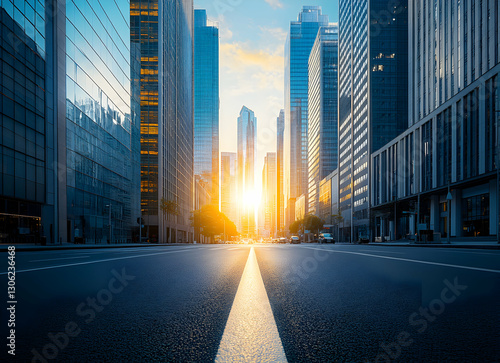 Urban Landscape, Road Leading to Cityscape at Sunset, Modern Architecture