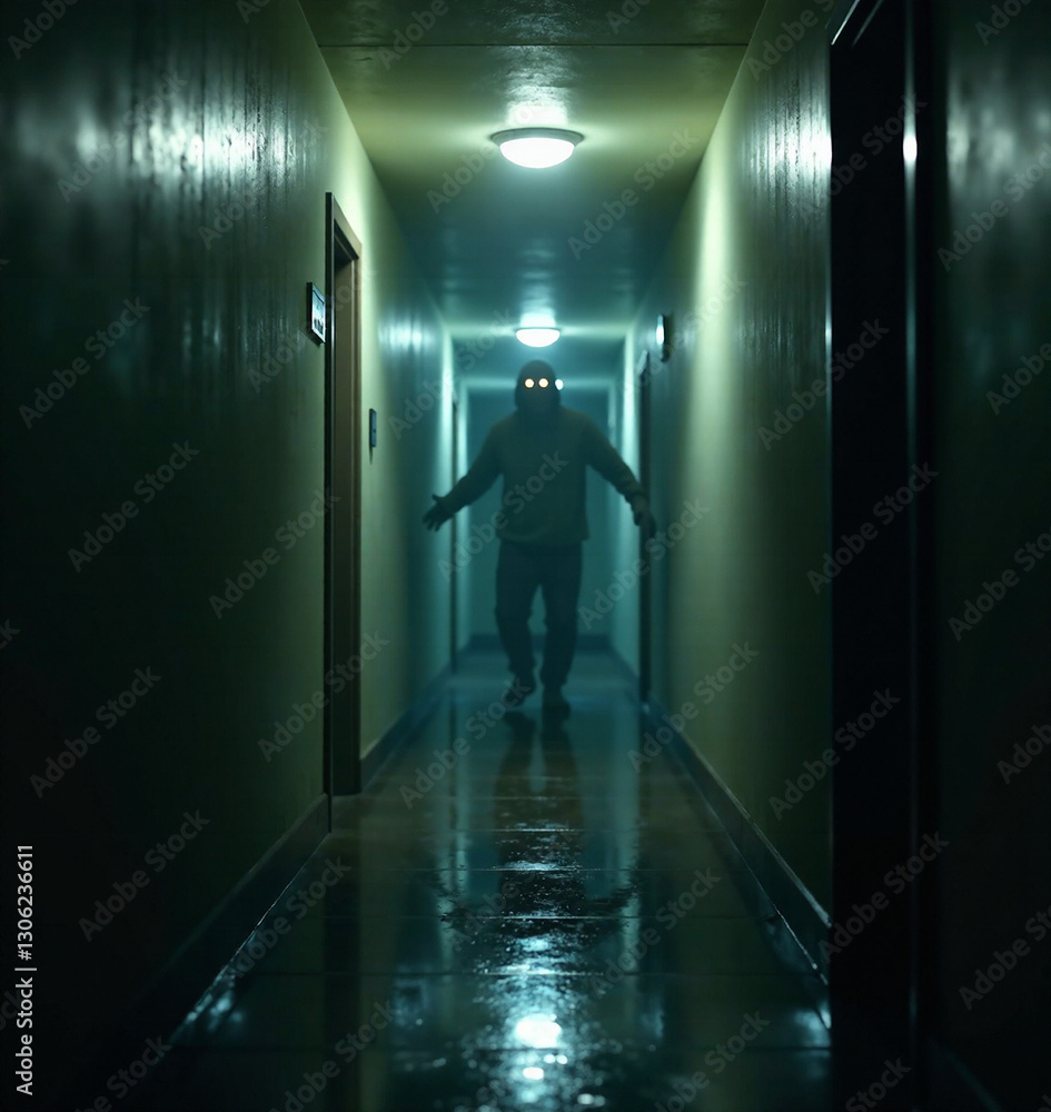 A shadowy hallway illuminated by flickering lights, where a ghostly figure lunges from the darkness, eyes wide with terror, capturing the moment just before a heart-stopping jump scare. A shadowy hallway illuminated by flickering lights, where a ghostly figure lunges from the darkness, eyes wide with terror, capturing the moment just before a heart-stopping jump scare.