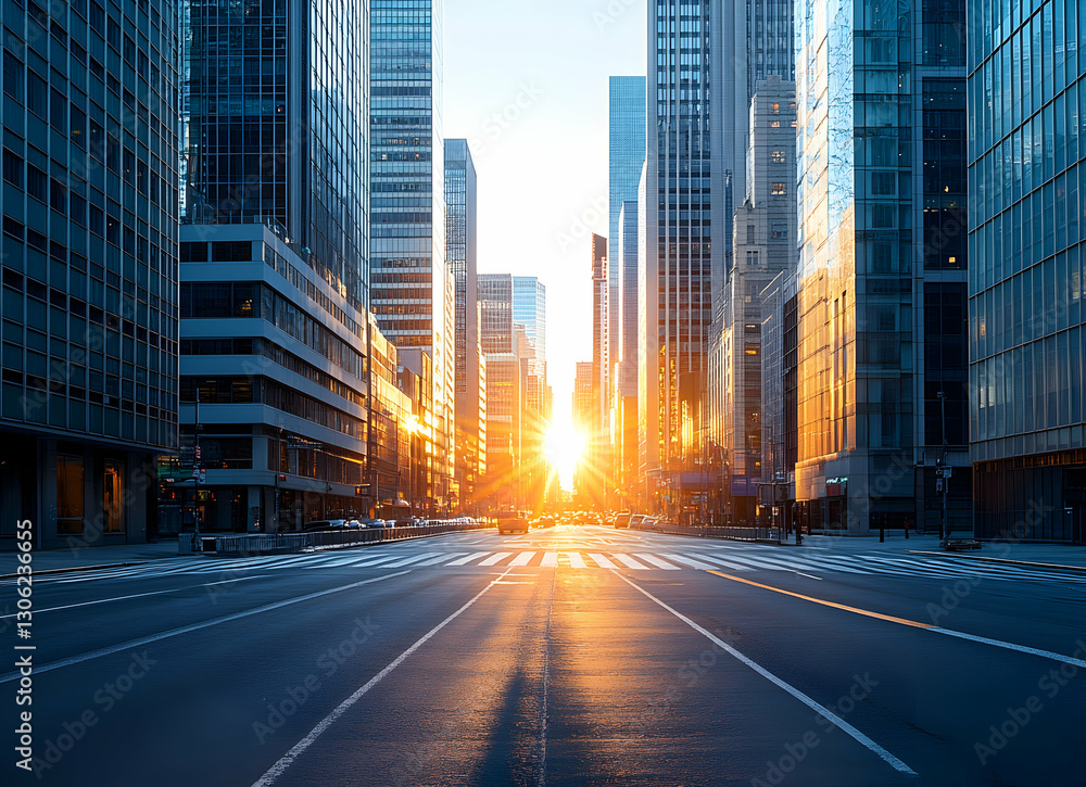 Obraz premium Urban sunrise, A vibrant city street bathed in the warm morning light, framed by towering skyscrapers