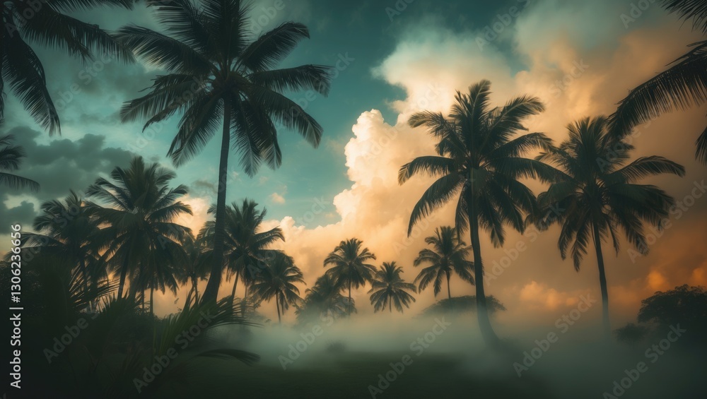 Lush tropical scenery with palm trees under the sky Lush tropical scenery with palm trees under the sky