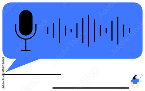 Microphone inside blue speech bubble with sound waves small figure in corner representing interaction. Ideal for communication, voice recognition, AI, podcasting, audio tech, innovation, flat simple