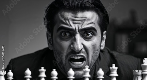 Intense Middle Eastern Man Reacting to Victory in Chess Game with Emotional Expression photo