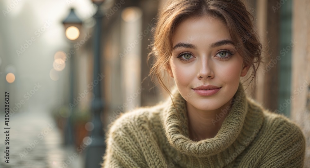 Cozy sweater model with beautiful eyes on cobblestone street Cozy sweater model with beautiful eyes on cobblestone street