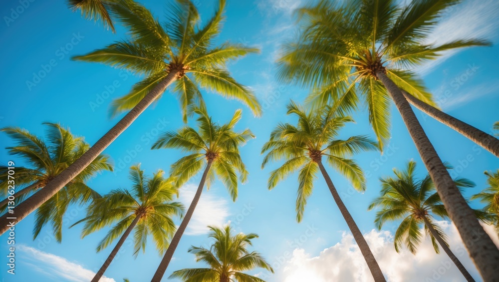 Looking up at palm trees against a vibrant sky Looking up at palm trees against a vibrant sky