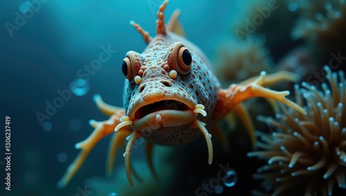 Close-up of a fish. Capturing a scorpion fish (Scorpaena sp.) underwater in the Mediterranean, predominantly black in color. photo