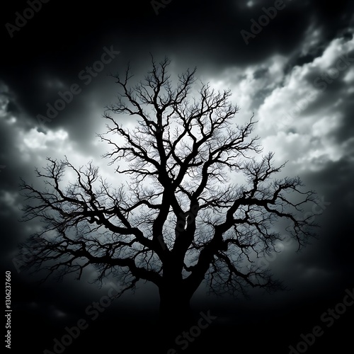 Obraz na płótnie Dramatic Lone Tree Silhouette Against Stormy Sky - Strength and Resilience in Nature w salonie