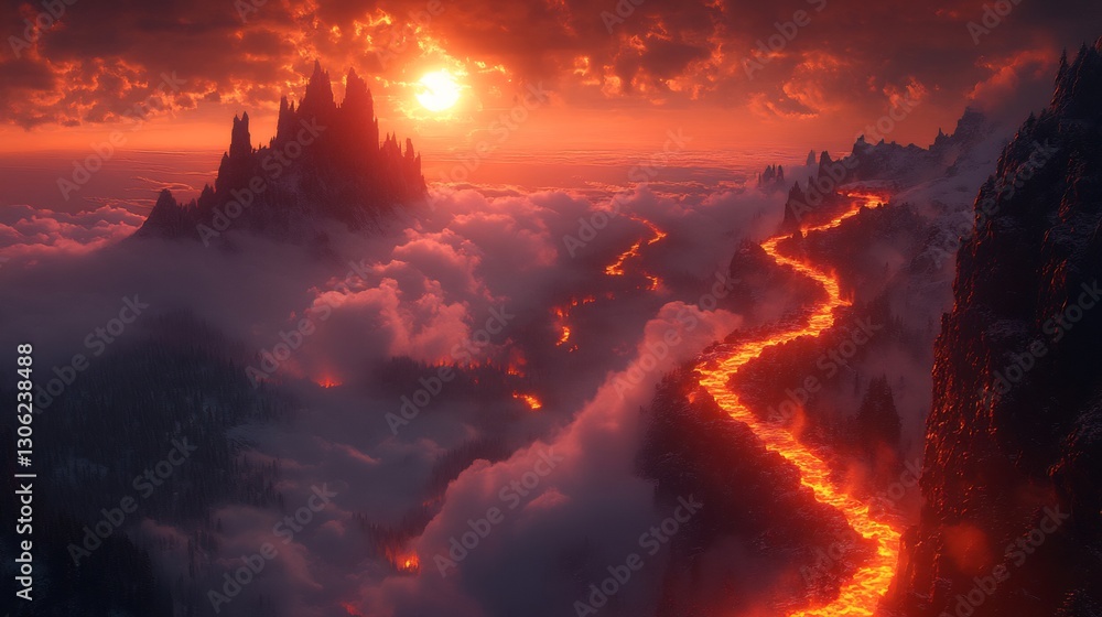 Naklejka premium Fiery lava river flows dramatically through surreal mountain peaks bathed in warm sunset light. AI Generated