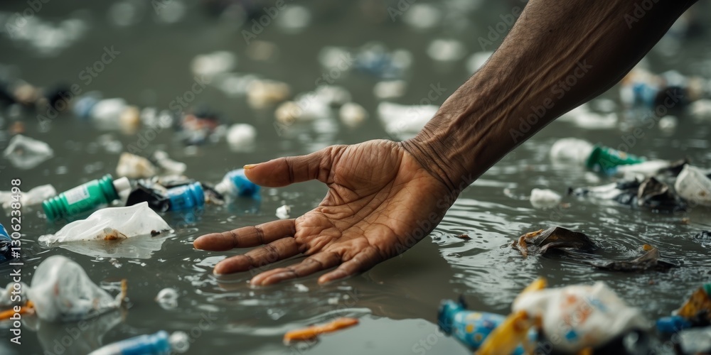 Obraz premium Hand reaching into polluted water with floating plastic.