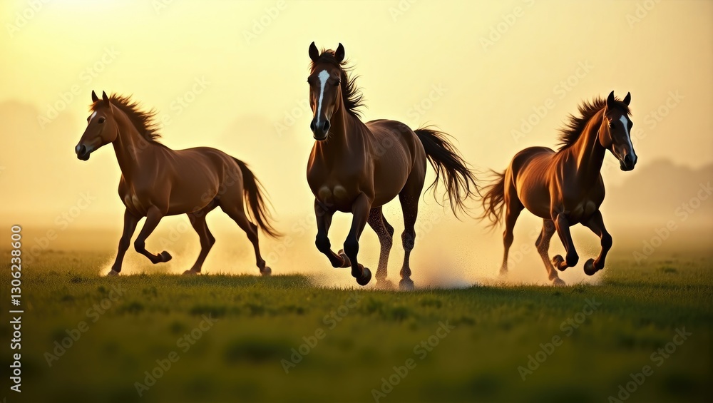 A pair of horses graze while two others sprint through the muddy field. A pair of horses graze while two others sprint through the muddy field.
