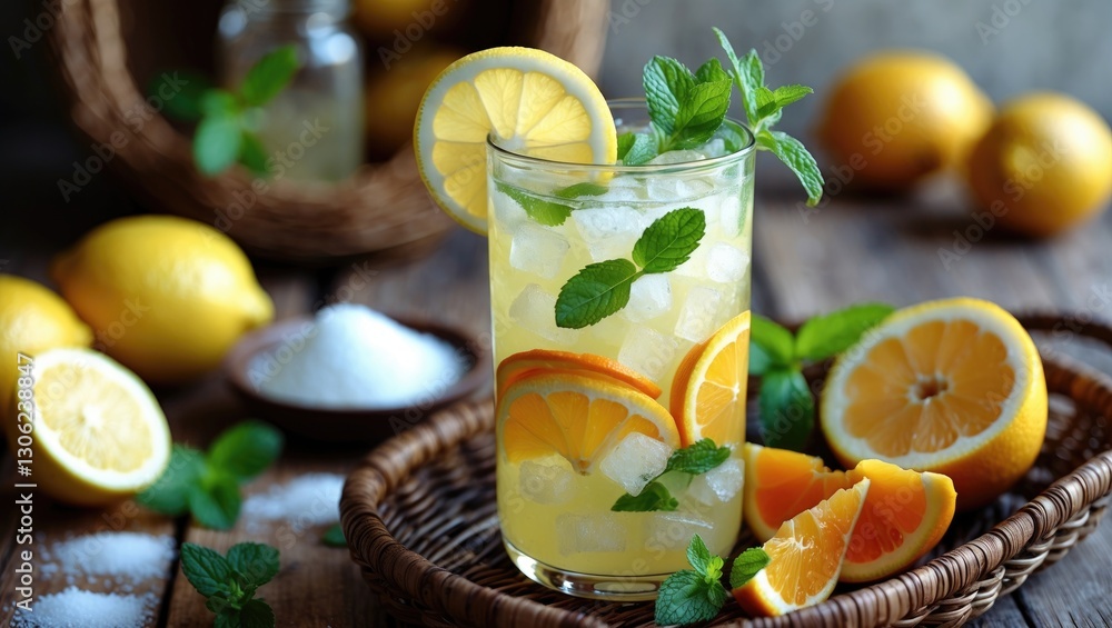Fototapeta premium Refreshing homemade lemonade served in a glass with citrus fruits, ice, and fresh mint. Components for preparing lemonade.