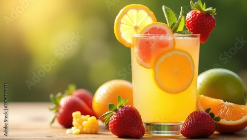 Classic lemonade for summer featuring strawberries, oranges, lemon, lime, and grapefruit in a vertical composition.