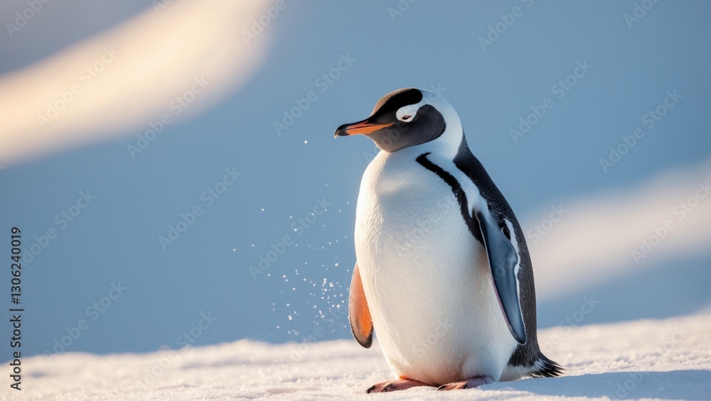 Naklejka premium Portrait of a Gentoo penguin on snowy terrain during the Antarctic summer, Peninsula