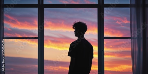 Silhouette of a young man looking out the window at the sunset.