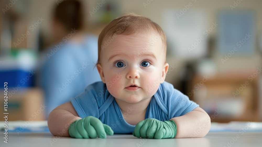 Curious and focused baby with big eyes gazing intently while leaning on the table in a comfortable home environment Concept of early childhood parenting development and family life Curious and focused baby with big eyes gazing intently while leaning on the table in a comfortable home environment Concept of early childhood parenting development and family life