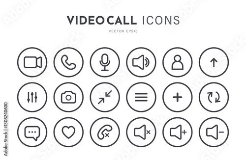 Icon Videocall. Collections buttons for video chat interface. Minimalistic simple outline symbols. Vector illustration isolated on white background.