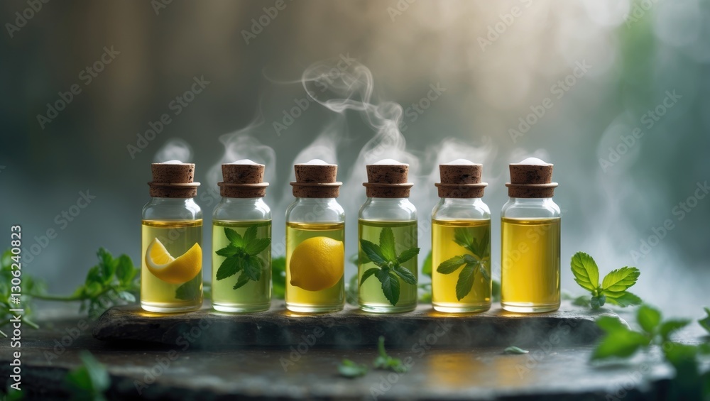 Pouring essential oil vials with refreshing lemon, peppermint, and tea plant extracts for holistic beauty remedies. Pouring essential oil vials with refreshing lemon, peppermint, and tea plant extracts for holistic beauty remedies.