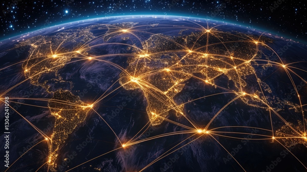 A logistics network map with illuminated routes connecting major cities, emphasizing the global flow of goods and services A logistics network map with illuminated routes connecting major cities, emphasizing the global flow of goods and services