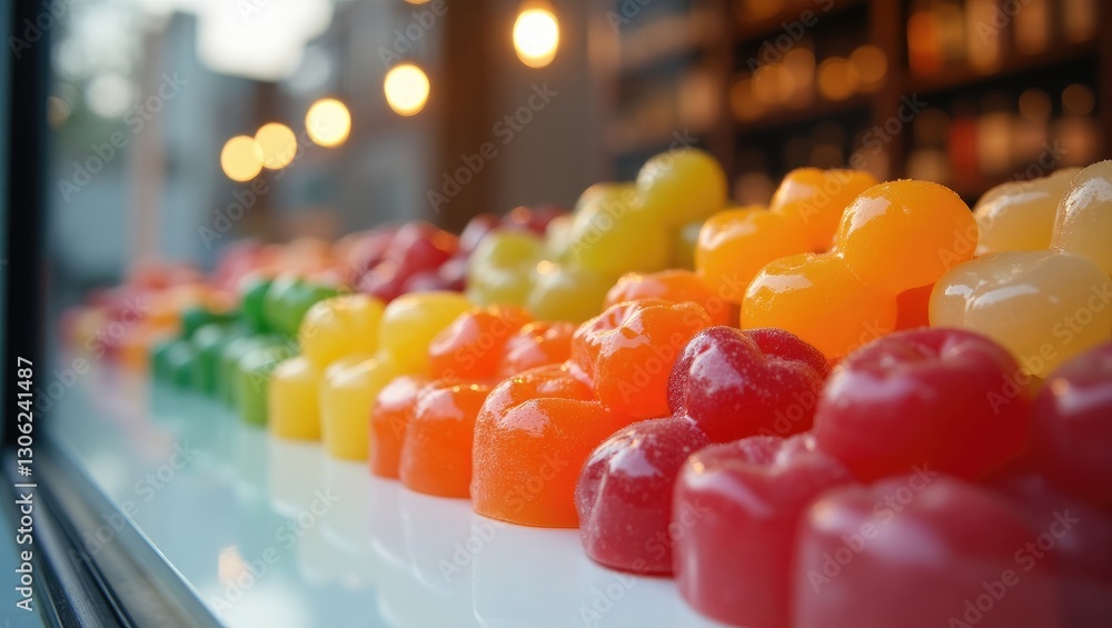 Detailed view of gummy candies presented in a store window. Detailed view of gummy candies presented in a store window.