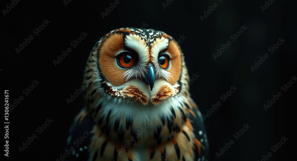 Striking portrait of a barred owl gazing upward against a dark backdrop Striking portrait of a barred owl gazing upward against a dark backdrop