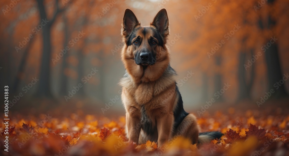 Adorable German Shepherd seated against a backdrop of autumn foliage. Adorable German Shepherd seated against a backdrop of autumn foliage.