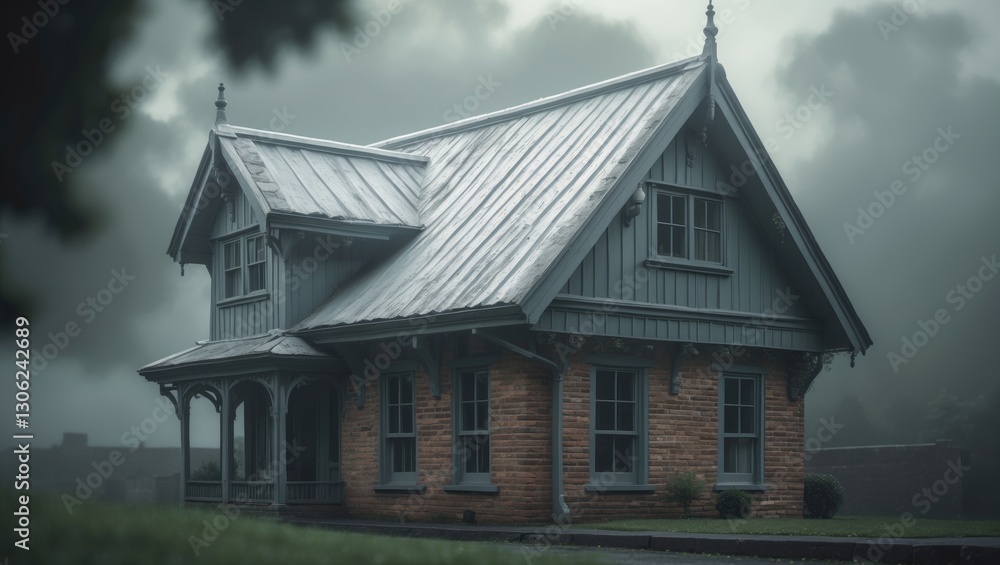 Close-up of a residential building's design featuring a gray metal roof, brick walls, and gray window frames, reflecting British architectural style. Close-up of a residential building's design featuring a gray metal roof, brick walls, and gray window frames, reflecting British architectural style.