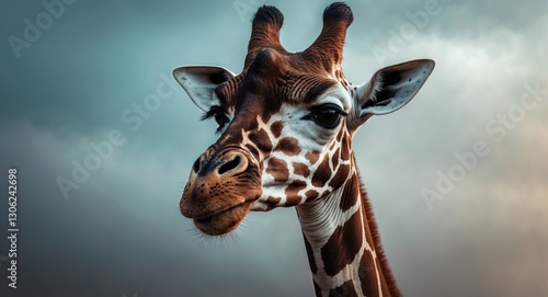 Close-up of a giraffe's head with a cloudy sky backdrop, known as Rothschild's giraffe (or Baringo giraffe or Ugandan giraffe) photo