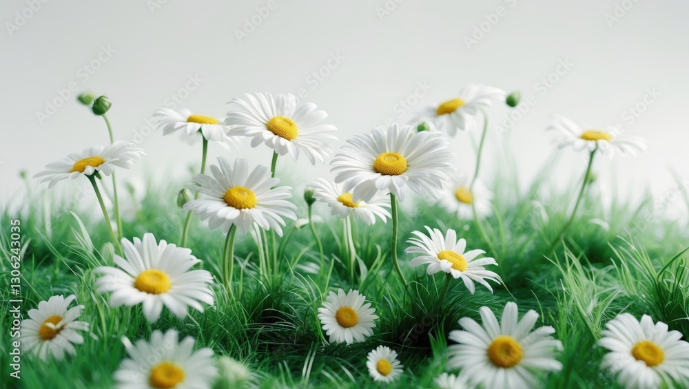 Fototapeta premium Daisies and lush green grass set against a white backdrop with an alpha mask.