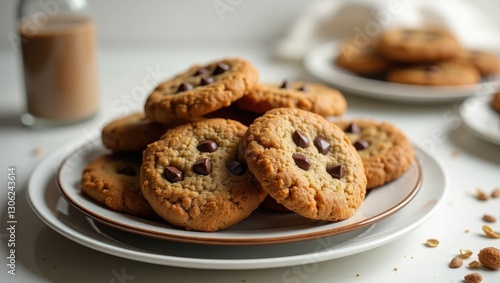 Tasty multigrain cookies arranged on a porcelain plate adorned with chocolate chips.