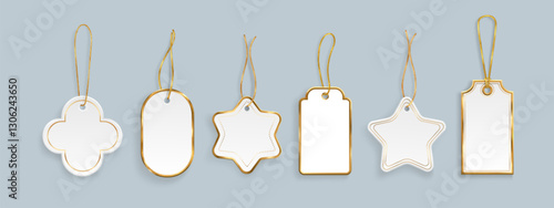 Gold trimmed gift tags with metallic string of various shapes. Elegant white labels with golden border details. Realistic premium price tags for luxury merchandise or holiday presents packaging.