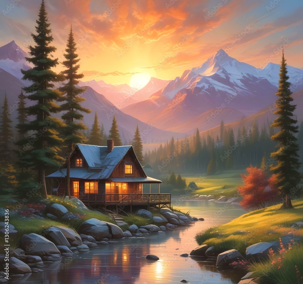 Fototapeta premium Wild landscape with stunning view and woden cottage.