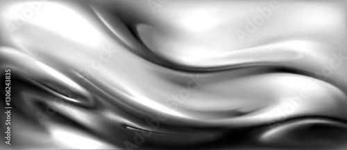 Liquid silver texture with smooth flowing waves. Metallic gradient on wavy curve surface. Glossy reflective mercury or chrome material. Abstract fluid background for luxury product presentations.