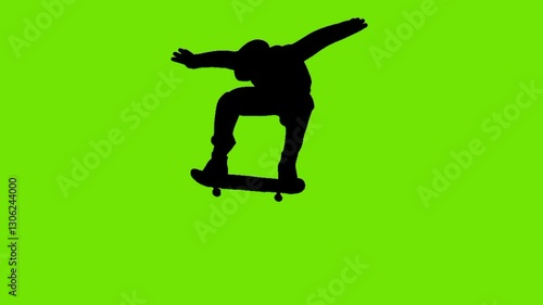 silhouette animation of skateboarder riding skate green background