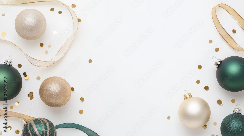 Fototapeta premium Festive Christmas ornaments and ribbons on white background
