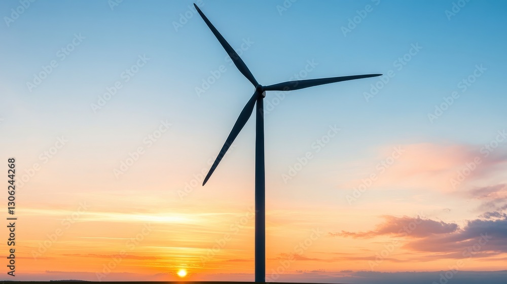 A wind turbine stands against a vibrant sunset sky, symbolizing renewable energy and environmental sustainability. A wind turbine stands against a vibrant sunset sky, symbolizing renewable energy and environmental sustainability.