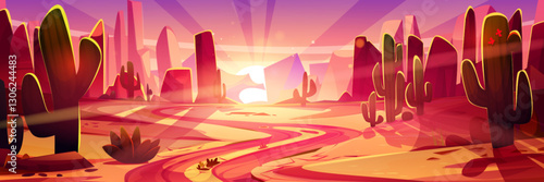 Wild west desert sunset panorama with rock mountain formations, pink and purple gradient sky with radiating sunbeams, winding path through sandy terrain, scattered cacti. Western game landscape.