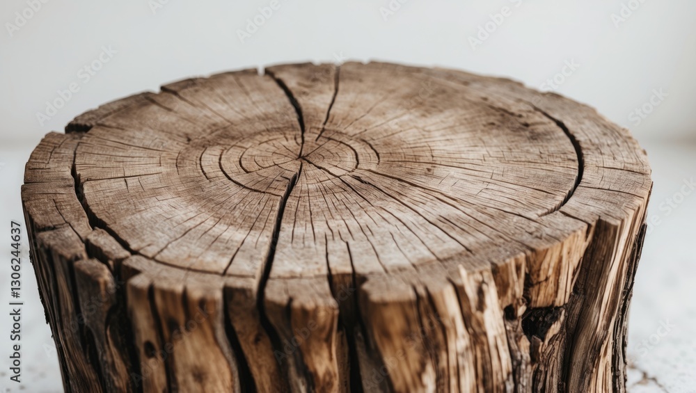 Cut tree stump with a light background, featuring concentric annual rings in the wood of a sliced tree trunk. Cut tree stump with a light background, featuring concentric annual rings in the wood of a sliced tree trunk.