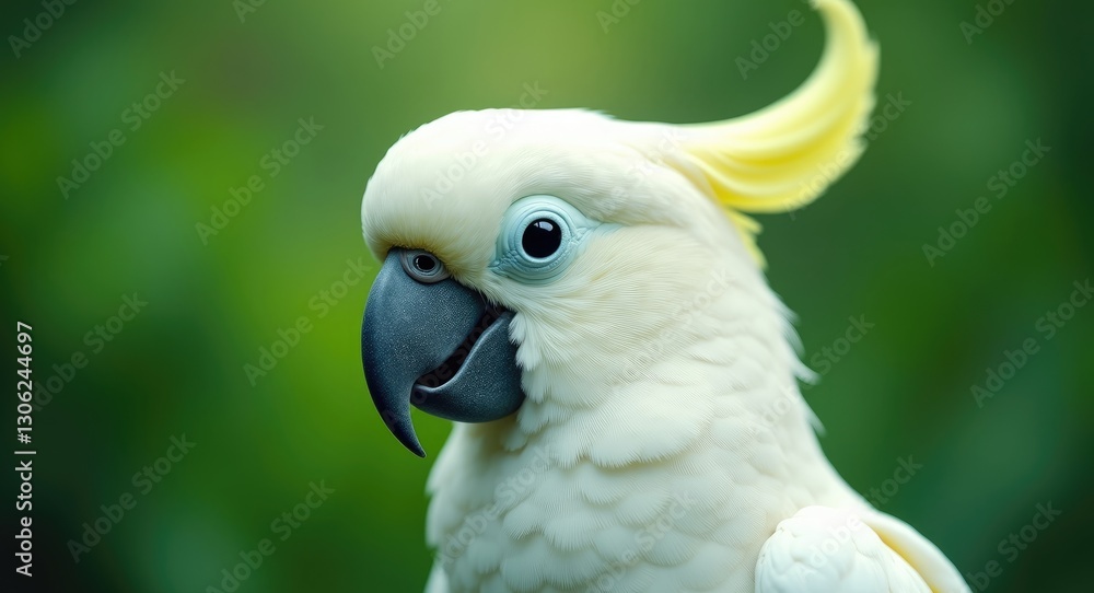 Adorable white cockatoo bird close-up against a green backdrop Adorable white cockatoo bird close-up against a green backdrop