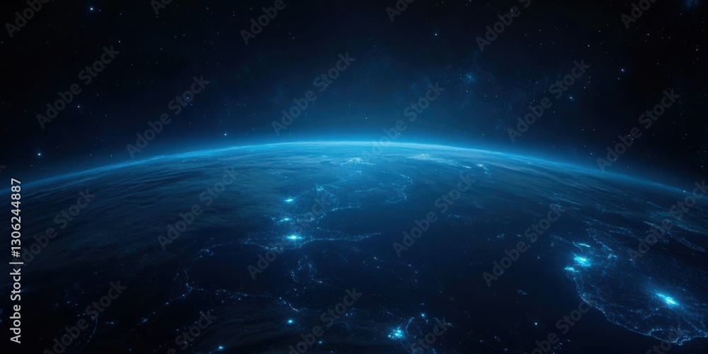 Obraz premium View of Earth from space showcasing stunning blue glow of the atmosphere and illuminated landmasses at night