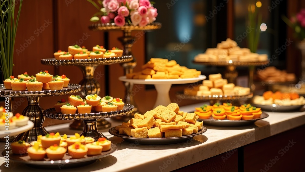 Detailed view of tempting bite-sized treats displayed on a buffet during a celebration. Detailed view of tempting bite-sized treats displayed on a buffet during a celebration.