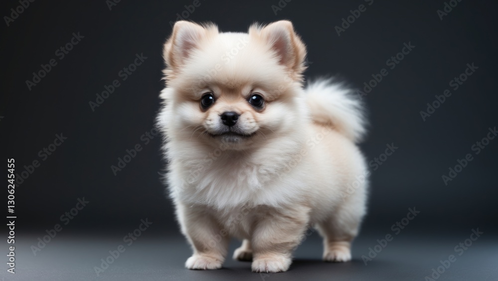 Adorable Pomeranian puppy posing against a dark backdrop. Fluffy little companion. Adorable Pomeranian puppy posing against a dark backdrop. Fluffy little companion.