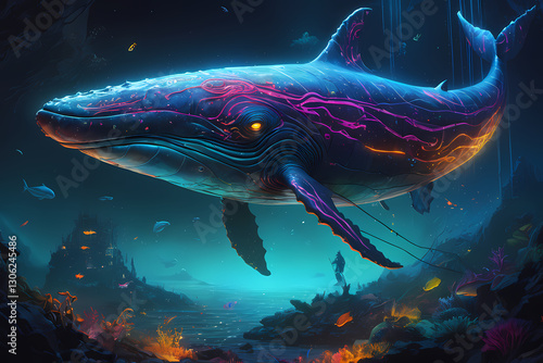 Vibrant underwater journey featuring a glowing whale amidst deep-sea beauty and colorful marine life Generative AI photo