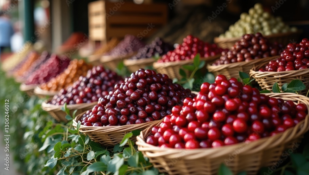 Baskets filled with dried cranberries and sour cherries displayed at a market vendor. Baskets filled with dried cranberries and sour cherries displayed at a market vendor.