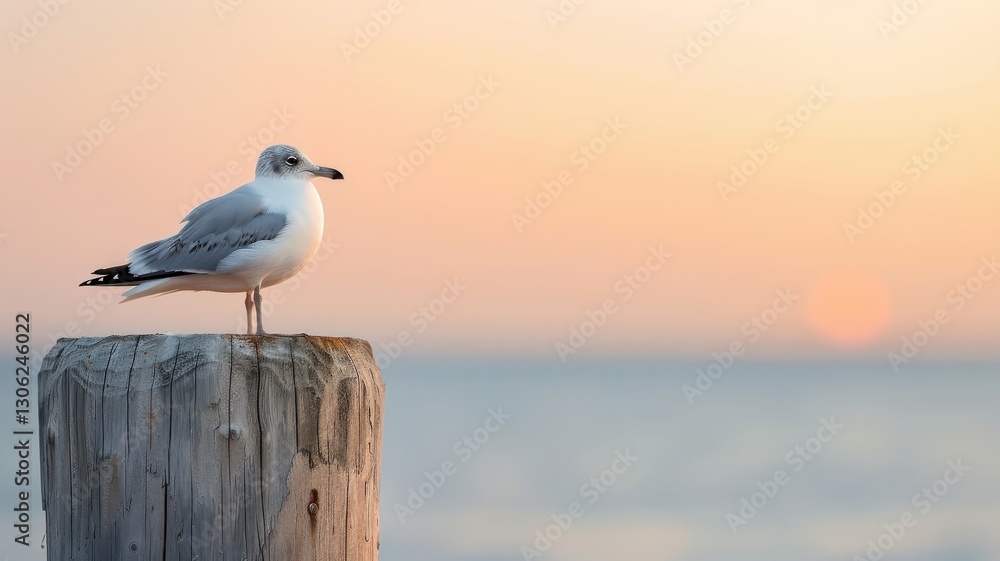 Fototapeta premium A seagull rests on a pier post, its silhouette framed by the orange hues of a setting sun.