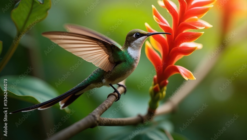 Fototapeta premium Eye-catching Long-tailed Sylph Hummingbird Aglaiocercus kingi displaying vibrant hues with spread feathers while feeding from a vivid red blossom in its natural habitat.